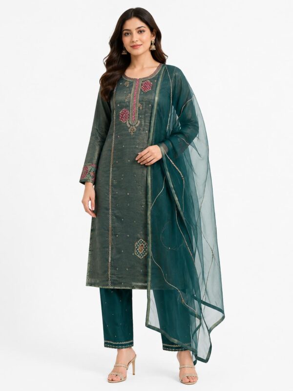 Teal Tissue- Silk Embroidered Pants with Jaal Dupatta